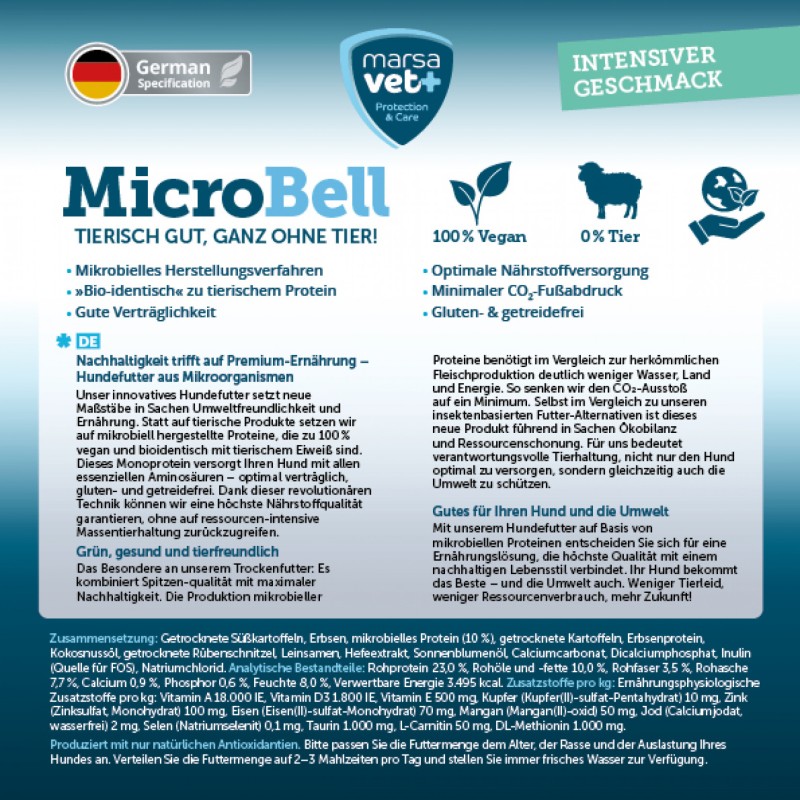 Marsavet Cibo umido vegano per cani MicroBell con proteine microbiche – 9 * 300 g – label